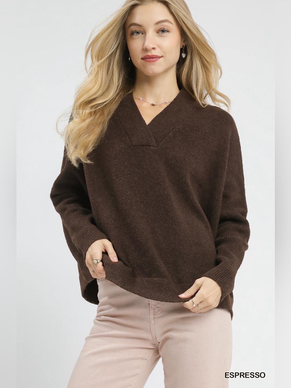 Umgee V-Neck Sweater with Wide Trim Detail